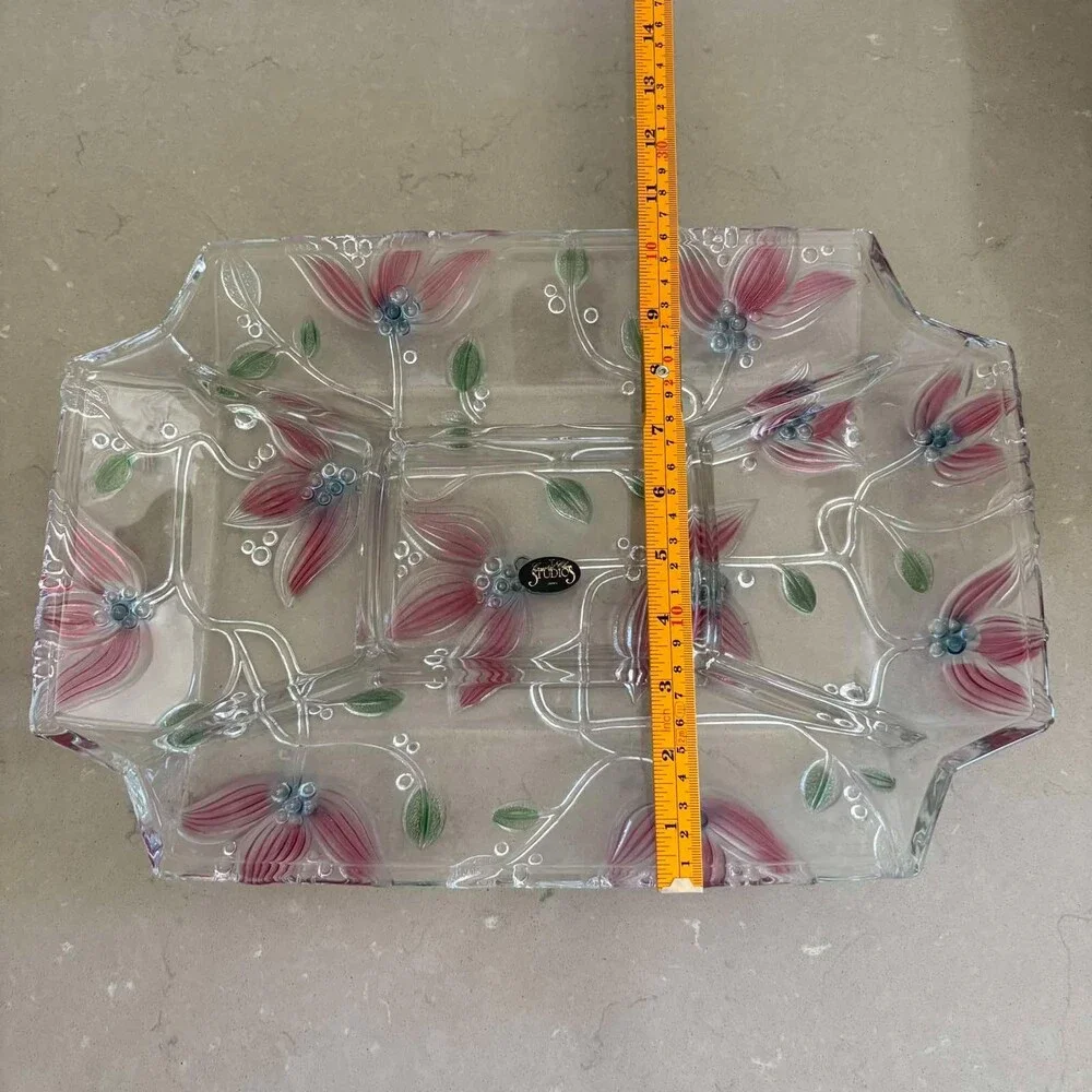 Vintage Crystal Clear Studios Japan Floral Divided Relish Tray Pink Flowers